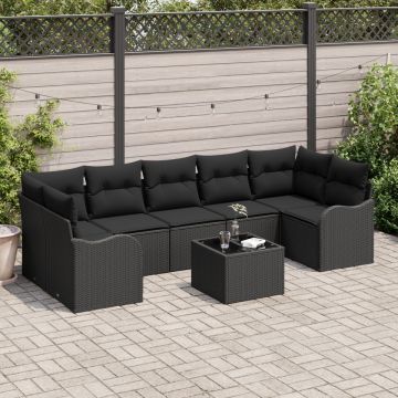 Set De Canapea De Grădină 8 Piese Cu Pernițe Negru Poli Ratan, Set De Canapea De Grădină 2 Locuri Cu Pernițe Negru Poli Ratan