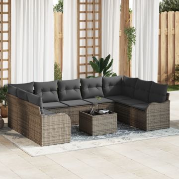 Set de canapea de grădină 9 piese cu perne negre din rattan poli, Set de canapea de grădină cu două locuri cu perne gri din rattan poli