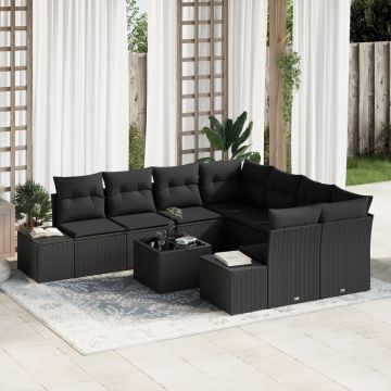 Set de canapea de grădină 9 piese cu perne Negru Poliratan