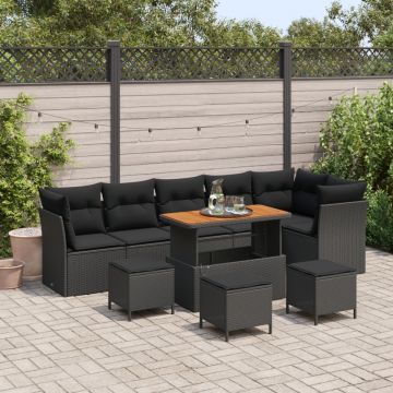 Set de canapea de grădină cu 10 piese cu perne Negru Ratan polimeric Acacia, Set de dining de grădină cu 4 piese cu perne Negru Ratan polimeric Acacia
