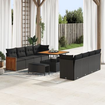 Set de canapea de grădină cu 11 piese și perne Negru Poliratan Acacia, Set de dining de grădină cu 3 piese cu perne Negru Poliratan Acacia