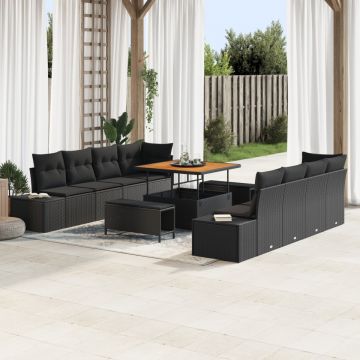 Set de canapea de grădină cu 11 piese și perne Negru Rattan sintetic Acacia, Canapea de grădină cu 2 locuri cu depozitare și perne Negru Rattan sintetic, Set de dining de grădină cu 3 piese și perne Negru Rattan sintetic Acacia