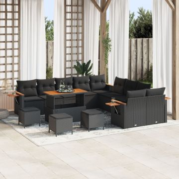 Set de canapea de grădină cu 13 piese cu perne Negru Ratan Poli Acacia, Set de dining de grădină cu 3 piese cu perne Negru Ratan Poli Acacia