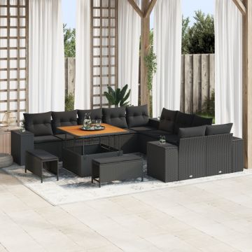 Set de canapea de grădină cu 13 piese și perne negre din ratan poliester, Set de dining pentru grădină cu 3 piese și perne negre din ratan poliester