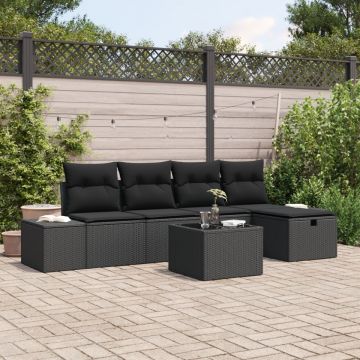 Set de canapea de grădină cu 6 piese și perne, negru, din ratan poli