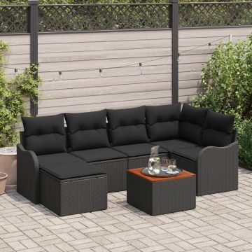 Set de canapea de grădină cu 7 piese, cu perne, poly rattan negru, acacia, Canapea de grădină cu două locuri cu depozitare și perne, negru, poly rattan