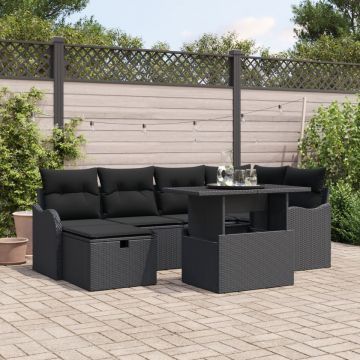 Set de Canapea de Grădină cu 7 Piese cu Perne Ratan Negru , Canapea de Grădină cu 2 Locuri cu Perne Ratan Negru