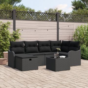 Set de Canapea de Grădină cu 7 Piese cu Pernițe Negru Ratan Poly, Canapeaua de Grădină cu 2 Locuri cu Pernițe Negru Ratan Poly