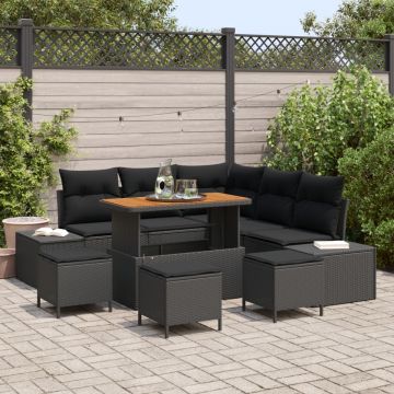 Set de canapea de grădină cu 9 piese cu perne Negru Poliratan Acacia, Canapea de grădină cu 2 locuri cu depozitare și perne Negru Poliratan, Set de dining de grădină cu 4 piese cu perne Negru Poliratan Acacia