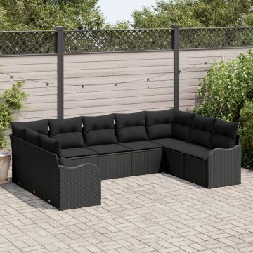 Set de canapea de grădină cu 9 piese și perne, ratan poli, negru, Canapea de grădină cu 2 locuri și perne, ratan poli, negru