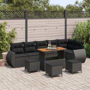 Set de canapea de grădină cu 9 piese, Poliratan negru și Acacia, Set de dining de grădină cu 3 piese, Poliratan negru și Acacia