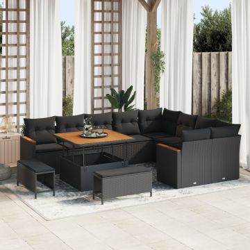 Set de canapea de grădină cu perne 12 piese Negru Poliratan Acacia, Set de dining de grădină 3 piese cu perne Negru Poliratan Acacia