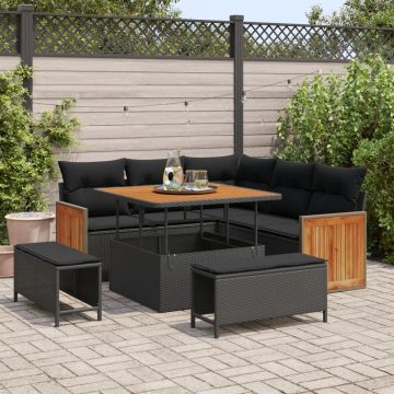 Set de canapea de grădină de 8 piese cu perne Ratan poli negru Acacia, Set de dining de grădină de 3 piese cu perne Ratan poli negru Acacia