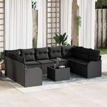 Set de Canapea Grădină 10 Piese cu Perne Bej din Ratan PVC, Canapea Grădină cu 2 Locuri cu Perne Negre din Ratan PVC