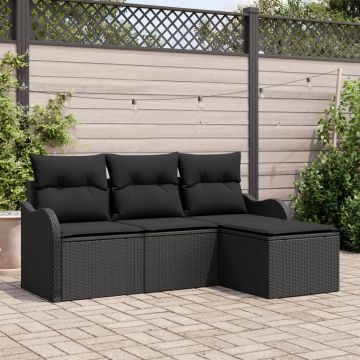 Set de Canapea Grădină 4 Piese cu Perne Rattan Polimer Negru, Canapea de Grădină 2 Locuri cu Perne Rattan Polimer Negru