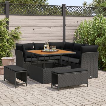 Set de Canapea Grădină cu 8 Piese Ratan Polu Negru Acacia, Set de Masă Grădină cu 3 Piese Ratan Polu Negru Acacia