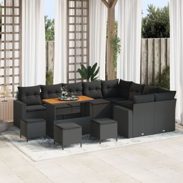 Set de canapea pentru grădină 13 piese cu perne Negru Poliratan Acacia, Set de dining pentru grădină 4 piese cu perne Negru Poliratan Acacia