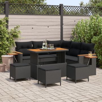 Set de canapea pentru grădină 9 Piese cu perne Negru Ratan sintetic Acacia, Set de dining pentru grădină 4 Piese cu perne Negru Ratan sintetic Acacia