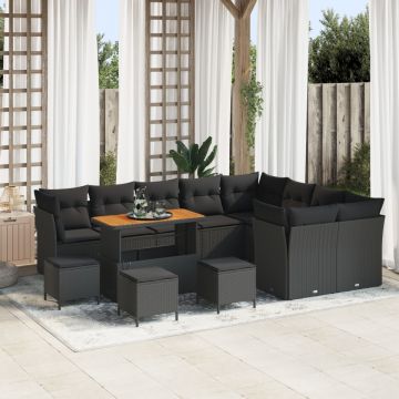 Set de Canapea pentru Grădină cu 13 Piese și Perne Negru Poliratan Acacia, Set de Dining pentru Grădină cu 4 Piese și Perne Negru Poliratan Acacia