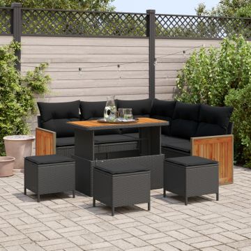Set de canapea pentru grădină cu perne Negru Ratan Poli Acacia, Set de dining pentru grădină cu perne Negru Ratan Poli Acacia