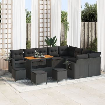 Set de canapea pentru grădină de 13 piese cu perne Negru Poliratan Acacia, Set de dining pentru grădină de 4 piese cu perne Negru Poliratan Acacia