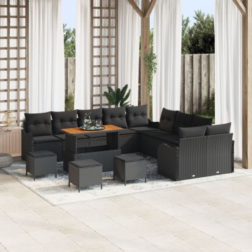 Set de Canapea pentru Grădină de 14 piese cu Perne Negru Poliratan Acacia, Canapea de Grădină cu 2 locuri și Perne Negru Poliratan, Set de Dining pentru Grădină de 4 piese cu Perne Negru Poliratan Acacia