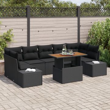 Set de canapele de grădină cu 8 piese și perne, Negru, Poliratan