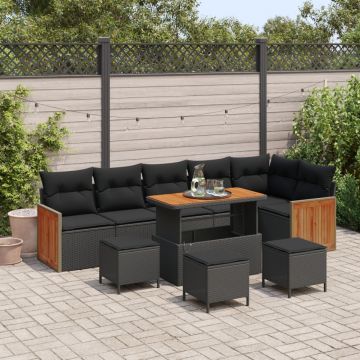 Set de Canapele pentru Grădină 10 Piese cu Perne Negru Poliratan Acacia, Set de Masă pentru Grădină 4 Piese cu Perne Negru Poliratan Acacia
