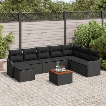 Set de Canapele pentru Grădină 9 Piese cu Perne Negru Ratan Polimer Acacia, Canapea pentru Grădină cu Capacitate de 2 Persoane Negru Ratan Polimer