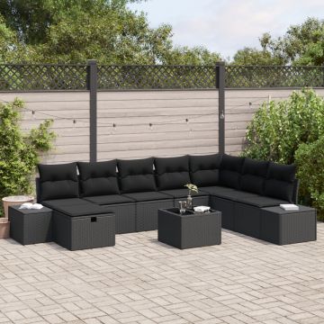 Set de canapele pentru grădină cu 9 piese și perne Ratan negru