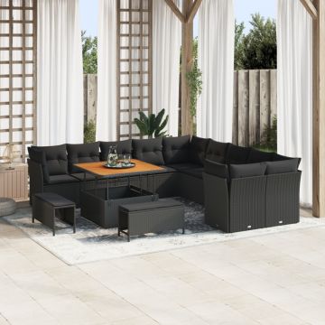 Set de canapele pentru grădină cu perne negre din poliratan acacia, Set de dining pentru grădină cu 3 piese cu perne negre din poliratan acacia
