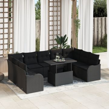 Set de canapele pentru grădină din 10 piese cu perne, Negru, Poliratan, Canapea de grădină pentru 2 persoane cu perne, Negru, Poliratan