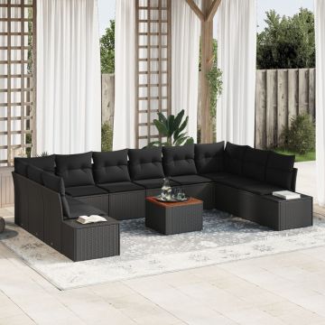 Set de Sofa de 11 Piese pentru Grădină cu Perne Negru Poli Ratan Acacia
