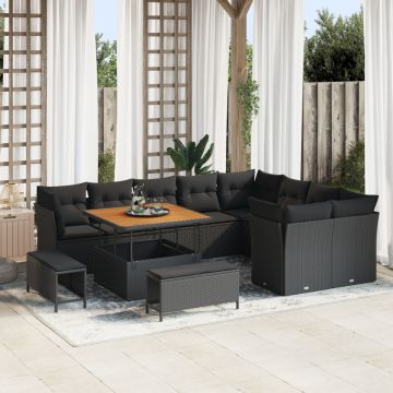 Set de sofa de grădină 12 piese cu perne Negru Poli Ratan Acacia, Set de dining de grădină 3 piese cu perne Negru Poli Ratan Acacia