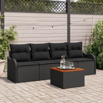 Set de sofa de grădină 5 piese cu perne Negru Poliratan Acacia, Sofa de grădină 2 locuri cu perne Negru Poliratan