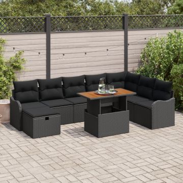 Set de Sofa de Grădină 9 Piese cu Perne Negru Poliratan, Sofa de Grădină 2 Persoane cu Perne Negru Poliratan