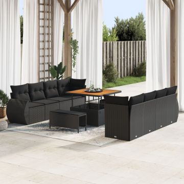 Set de Sofa de Grădină cu 11 Piese și Perne Negru Poliratan Acacia, Set de Dining de Grădină cu 3 Piese și Perne Negru Poliratan Acacia