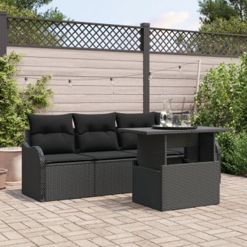 Set de Sofa de Grădină cu 5 Piese și Perne Ratan Negru, Sofa de Grădină cu 2 Locuri cu Spațiu de Depozitare și Perne Ratan Negru