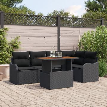 Set de Sofa de Grădină cu 6 Piese și Perne din Ratan Poli Negru, Sofa de Grădină cu 2 Locuri și Spațiu de Stocare & Perne din Ratan Poli Negru