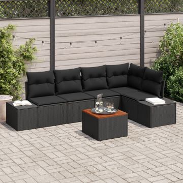 Set de sofa de grădină cu 6 piese și perne negre din poliratan și lemn de acacia
