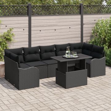 Set de Sofa de Grădină cu 8 Piese și Perne Negru Poli Ratan, Sofa de Grădină cu 2 Locuri și Spațiu de Stocare & Perne Negru Poli Ratan