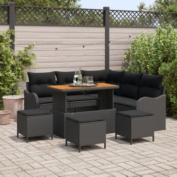 Set de Sofa de Grădină cu 8 piese și perne Negru Ratan Poli Acacia, Sofa de Grădină cu 2 Locuri cu Depozitare și Perne Negru Ratan Poli, Set de Dining de Grădină cu 3 piese și Perne Negru Ratan Poli Acacia