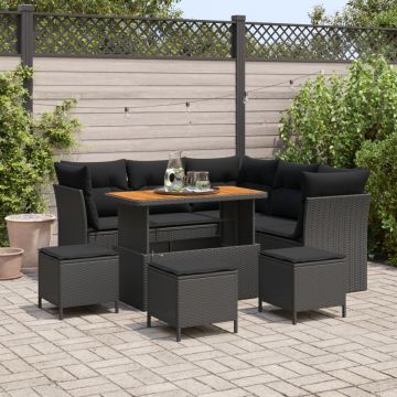 Set de sofa de grădină cu 9 piese și perne Negru Ratan Poli Acacia, Set de dining de grădină cu 4 piese și perne Negru Ratan Poli Acacia
