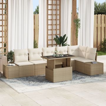 set de sofa de grădină cu perne în bej din ratan poli