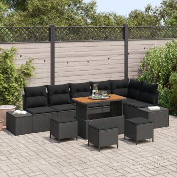 Set de sofa pentru grădină 10 piese cu perne negru ratan poli acacia, Sofa de grădină cu 2 locuri cu spațiu de depozitare și perne negru ratan poli, Set de dining pentru grădină 4 piese cu perne negru ratan poli acacia