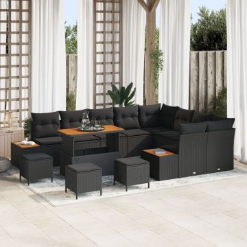 Set de sofa pentru grădină cu 12 piese și perne din poliratan negru de acacia, Set de dining pentru grădină cu 3 piese și perne din poliratan negru de acacia