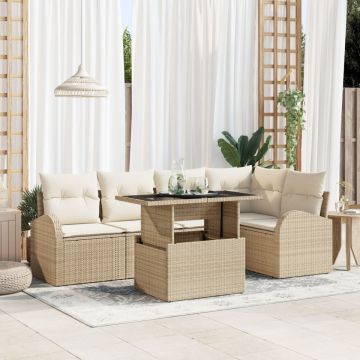 Set de Sofa pentru Grădină cu 6 Piese și Perne Bej din Ratan Polimer, Sofa de Grădină cu 2 Locuri cu Spațiu de Depozitare și Perne Bej din Ratan Polimer