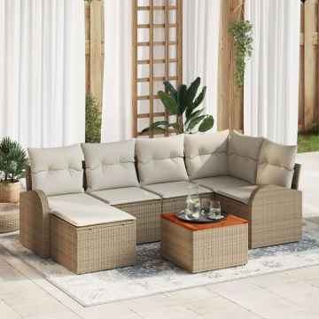Set de Sofa pentru Grădină cu 7 Piese și Perne Bej Ratan Polimeric Acacia, Sofa de Grădină pentru 2 Persoane cu Spațiu de Depozitare și Perne Bej Ratan Polimeric