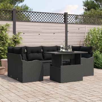Set de Sofa pentru Grădină cu Pernuțe Negre din Poliratan, Sofa pentru Grădină cu Pernuțe Negre din Poliratan pentru 2 Persoane