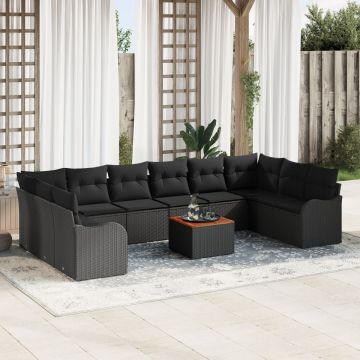 Set de Sofă pentru Grădină de 11 Piese cu Pernuțe Ratan Negru Acacia, Sofa pentru Grădină cu 2 Locuri cu Spațiu de Stocare & Pernuțe Ratan Negru